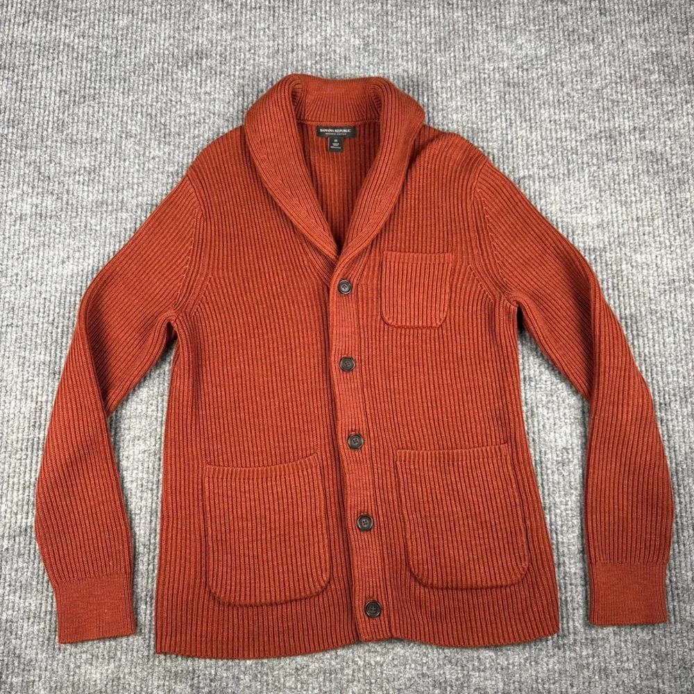 Banana Republic Cardigan Mens M Orange Ribbed Organic Cotton Shawl Collar Preppy